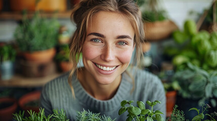 smiling young woman picking up herbs from own home plants. Individual cultivating a herb garden at home.