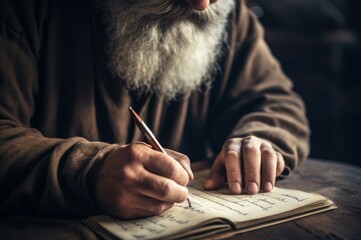 Closeup photo of writing man. Hand recording information in diary notepad. Generate ai - obrazy, fototapety, plakaty