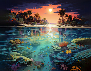 Beautiful sunset filled with orange and red lights on a tropical island. Ocean, underwater world