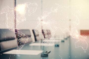 Multi exposure of abstract creative digital world map hologram on a modern conference room background, tourism and traveling concept