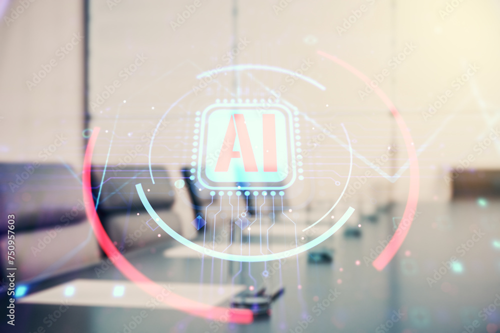 Poster double exposure of creative artificial intelligence abbreviation hologram on a modern boardroom back