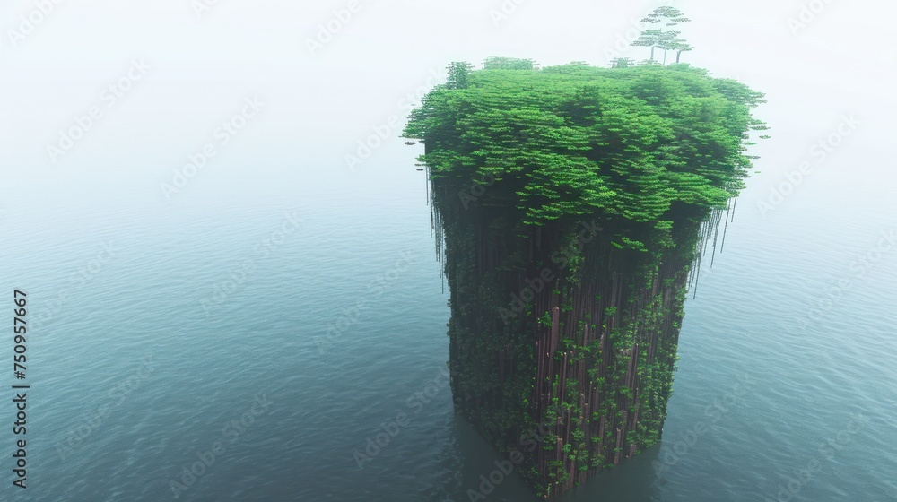 Poster a boat floating on top of a body of water next to a tall tower with trees on top of it.