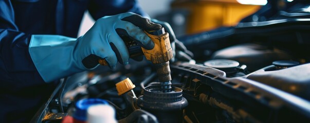 Car mechanic hands changing the fuel filter in garage