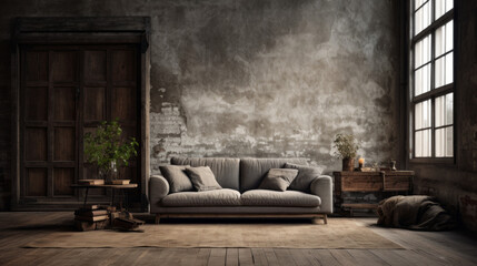 A rustic living room with textured walls in shades of grey and brown