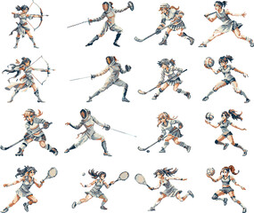 set of pixel art, sport figure, pixel art design, illustration, art