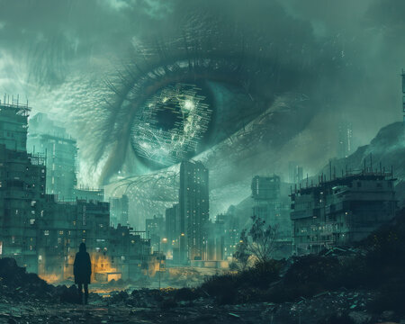 Medium shot eye level angle malware cybersecurity brainwave reader post apocalyptic wasteland gritty minimalist style inspired by cyberpunk aesthetics