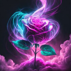 Rose flower in neon, iridescent colors shrouded in mist on a black background - obrazy, fototapety, plakaty