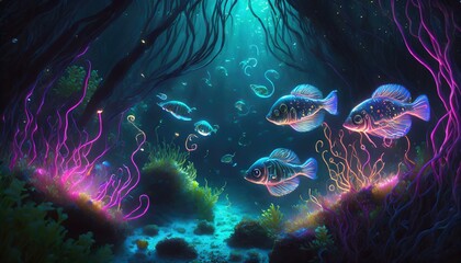 Fototapeta na wymiar Fantazyjna, neonowa ilustracja z rybami i podwodną roślinnością