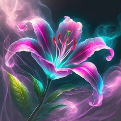 Kwiat lilii w neonowych, opalizujących kolorach spowity mgłą na czarnym tle - obrazy, fototapety, plakaty