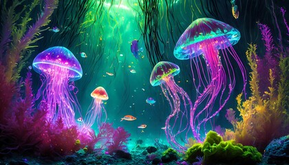 Fantazyjna, neonowa ilustracja z meduzami i podwodną roślinnością - obrazy, fototapety, plakaty
