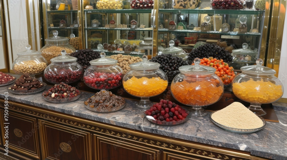 Poster a display case filled with lots of different types of candies and other candies on top of a counter.