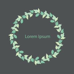 Circle green leaves wreath frame on black Lorem ipsum stock nature floral vector illustration