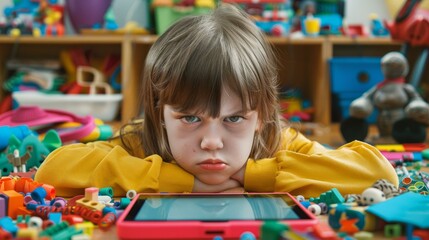 Angry little child, No More Screen Time concept .Strict mother limiting the screen time spent on electronic devices.