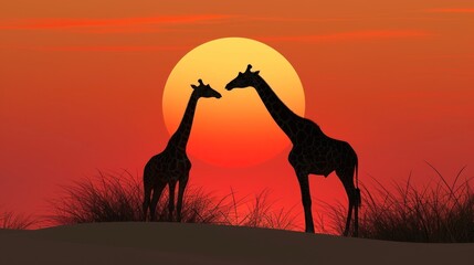 a couple of giraffe standing next to each other on a grass covered field in front of a sunset.