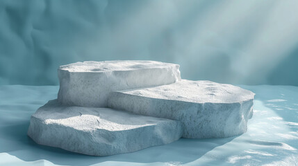 Podium for product presentation in 3D stone, minimalist style, sunlit with shadows for a modern and sophisticated display on a white background.