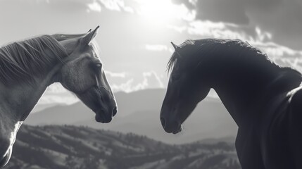 a couple of horses standing next to each other on top of a lush green field under a sky with clouds.
