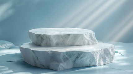 Podium for product presentation in 3D stone, minimalist style, sunlit with shadows for a modern and sophisticated display on a white background.