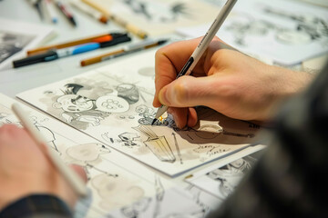 A person sitting at a desk, focused on drawing a cartoon with a pencil on a blank sheet of paper.