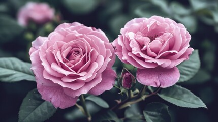 Fototapeta premium a close up of two pink roses with green leaves in the foreground and a blurry background in the background.