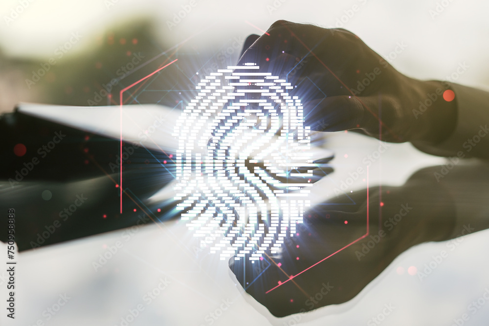 Poster double exposure of abstract creative fingerprint hologram with finger clicks on a digital tablet on 