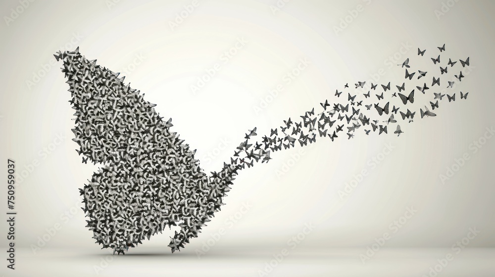 Poster a large flock of birds flying away from a large flock of birds in the shape of an arrow on a white b