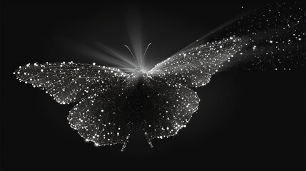 a black and white photo of a butterfly with stars on it's wings and a light shining through the wings. - obrazy, fototapety, plakaty
