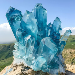 Photograph showcasing a pristine aquamarine deposit amidst nature's beauty. Ideal for mineralogy textbooks, geology magazines, or earth science presentations