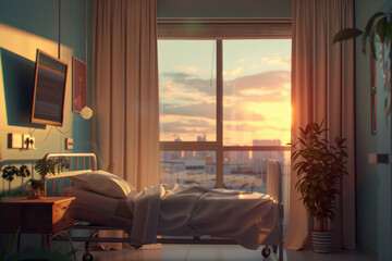 Interior shot of a hospital bed room with a spacious window view. Suitable for medical facility brochures, healthcare websites, or interior design catalogs