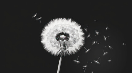 a black and white photo of a dandelion blowing in the wind with a dark sky in the background.