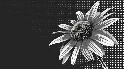 a black and white photo of a sunflower on a black and white polka dot background with space for text.