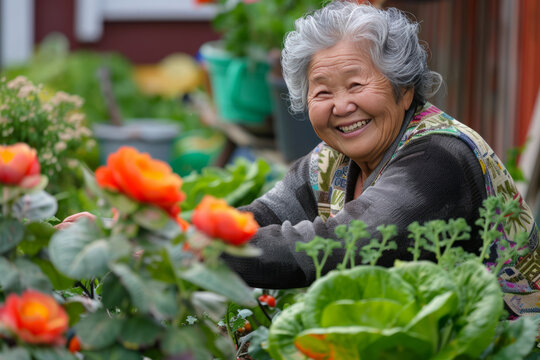Cheerful woman tending to backyard vegetable garden with a warm smile. Perfect for gardening magazines or lifestyle blogs promoting sustainable living