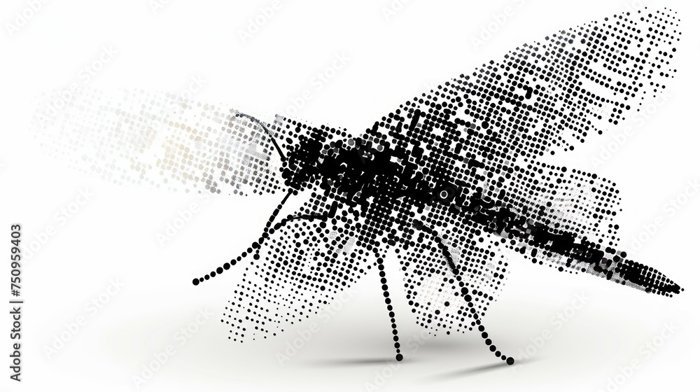 Poster a black and white image of a mosquito on a white background with black dots in the shape of a circle