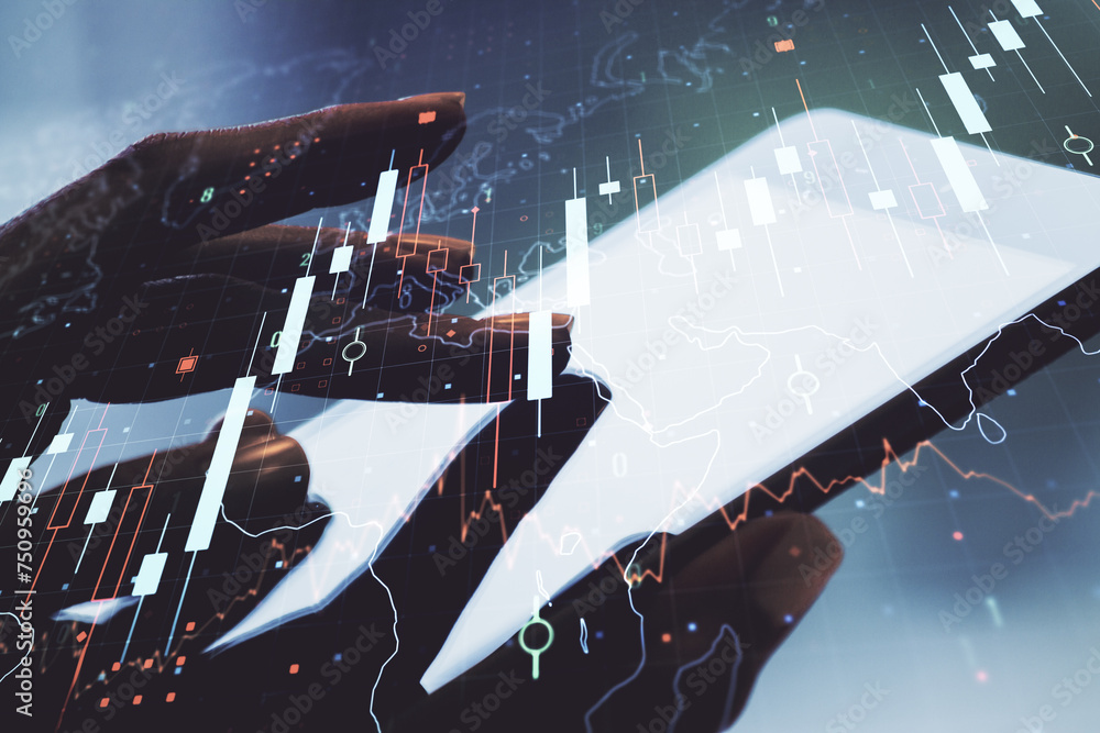 Poster multi exposure of abstract financial diagram with world map and hand working with a digital tablet o