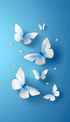 White Butterflies blue background