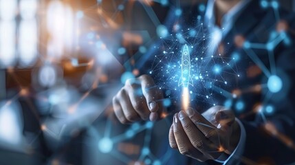 Businessman launching rocket for fast business success and growth, startup business concept