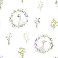 Seamless pattern with wreath of buttercup and flower and bluebell. Domestic watercolor goose. Watercolor hand painting illustration on isolate. Circlet of meadow flowers. Botanical summer wildflowers. - obrazy, fototapety, plakaty