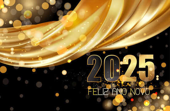 cartão ou banner para desejar um feliz ano novo 2025 em preto e dourado com uma cortina de tecido dourado sobre fundo preto com círculos em efeito bokeh