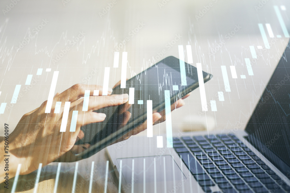 Aufkleber abstract creative financial graph with finger clicks on a digital tablet on background, forex and in