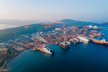 Aerial view of Ship breaking yard in Turkey, Ship recycling breaking down and separating materials