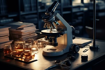 Scientists research microscope work. Chemist virus. Generate Ai