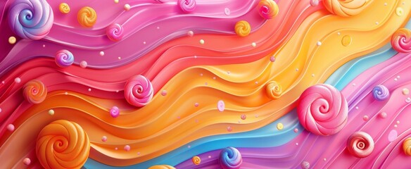 Vibrant abstract candy landscape with swirling patterns and textured spheres.