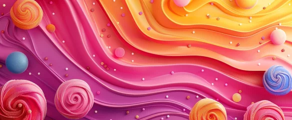 Keuken foto achterwand Vibrant abstract candy landscape with swirling patterns and textured spheres. © BackgroundWorld