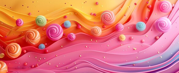 Vibrant abstract candy landscape with swirling patterns and textured spheres.