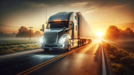 Long-Haul Trucking at Dawn on a Rural Highway