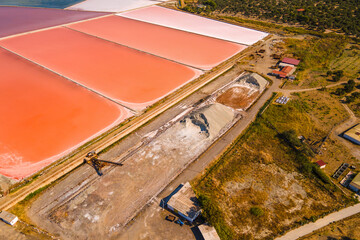 Mounds of dried salt in evaporated salt pond in sea saltern, Aerial view