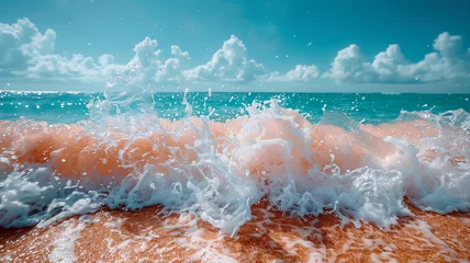 Foto op Canvas A close-up view of wave crashing against the sandy shore of a beach,. Blue ocean. © Iryna