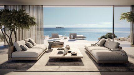 Fototapeta premium A sleek and stylish living room featuring AR furniture and a 3D view of the beach landscape
