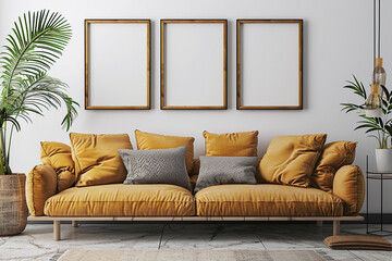 Empty frames for wall art mock up, set of 3 posters. Modern living room with mustard yellow couch and pillows.