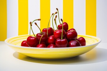 A bowl of cherries is on a yellow plate