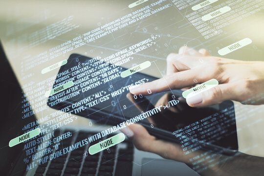 Multi exposure of abstract creative coding sketch and finger presses on a digital tablet on background, artificial intelligence and neural networks concept